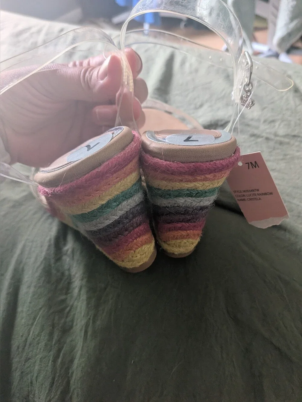 Juicy Couture RAINBOW Jute Wedge Sandals Clear Acrylic Rhinestones Size 7
